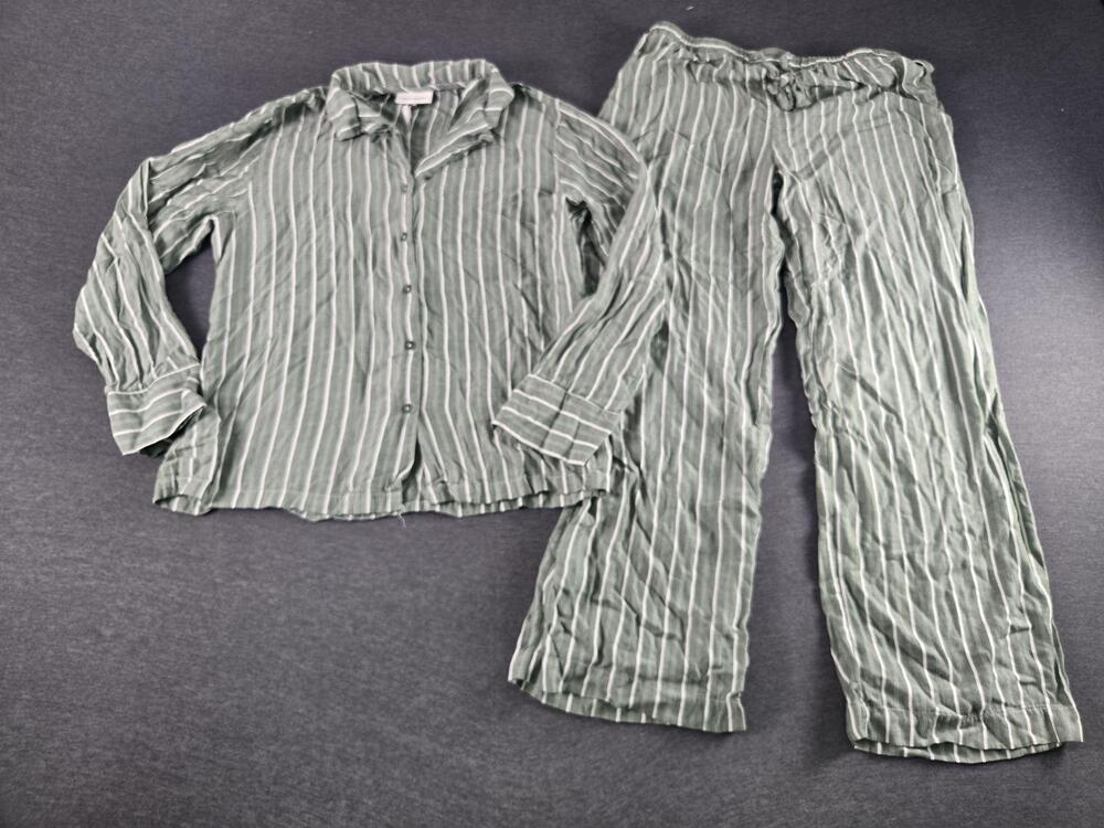 Cozy Earth Pajama Set Womens Small Green Striped Button Front Lounge Sleepwear